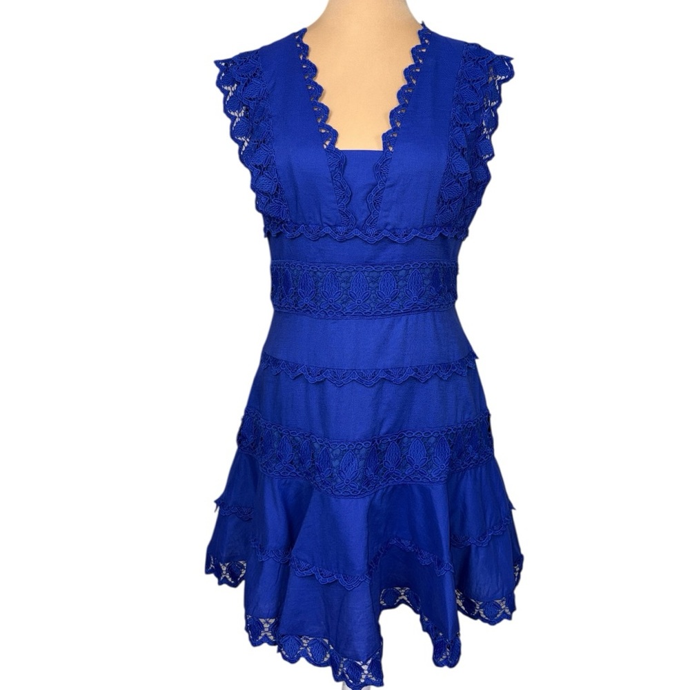 Endless Rose Royal Blue Lace Tiered Mini Dress Size S Plunge Neck